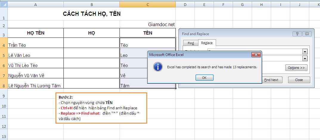 Tach HO Ten trong Excel