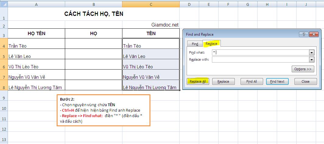 Tach HO Ten trong Excel